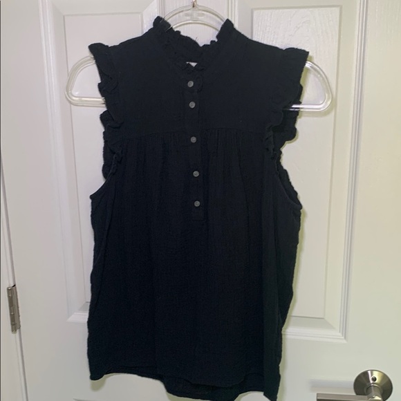 J Crew black sleeveless gauzy cotton top with ruffles and buttons - Picture 1 of 8